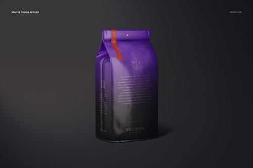 Glossy coffee bag mockup featuring a rectangular pouch with a purple and black gradient design, shown from the front.