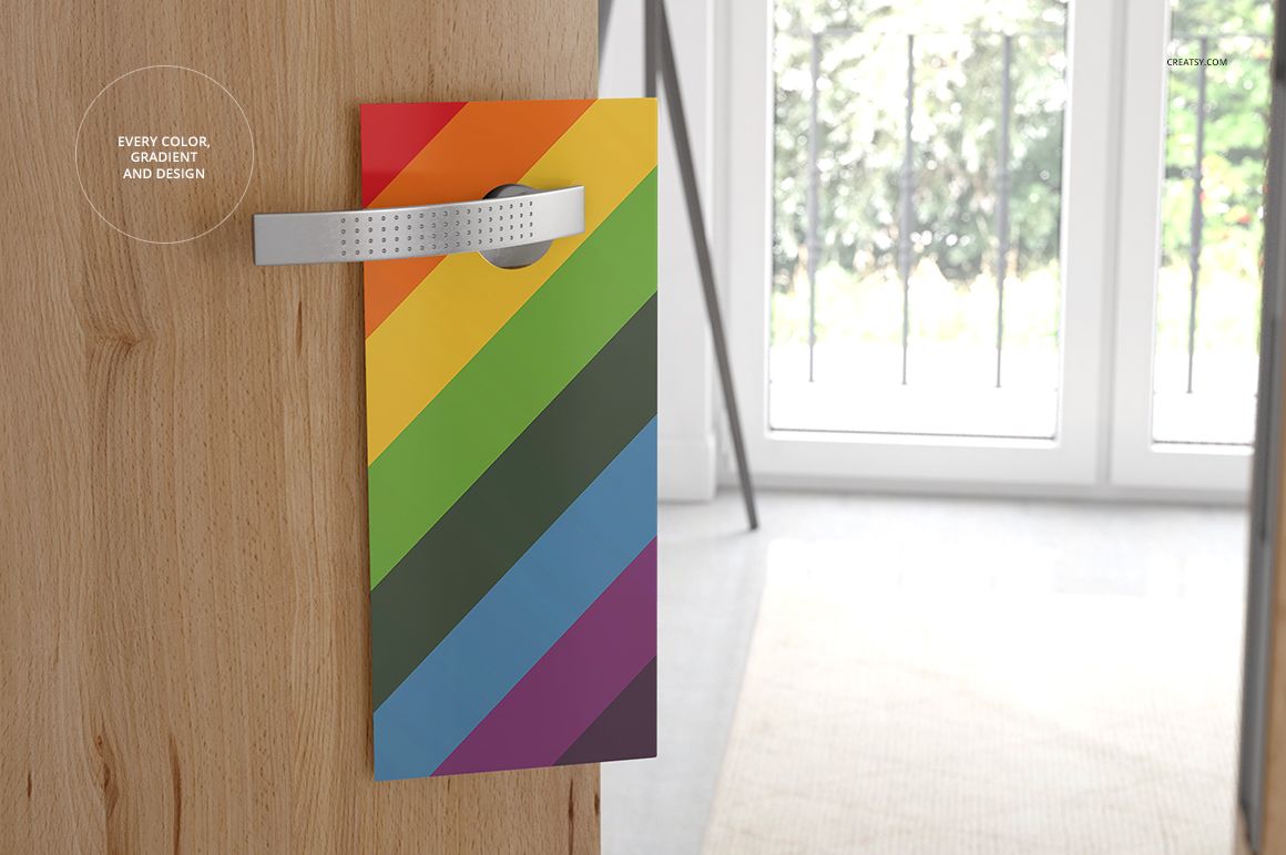 Colorful striped door hanger mockup displayed on a wood door, featuring a modern interior and large window view.
