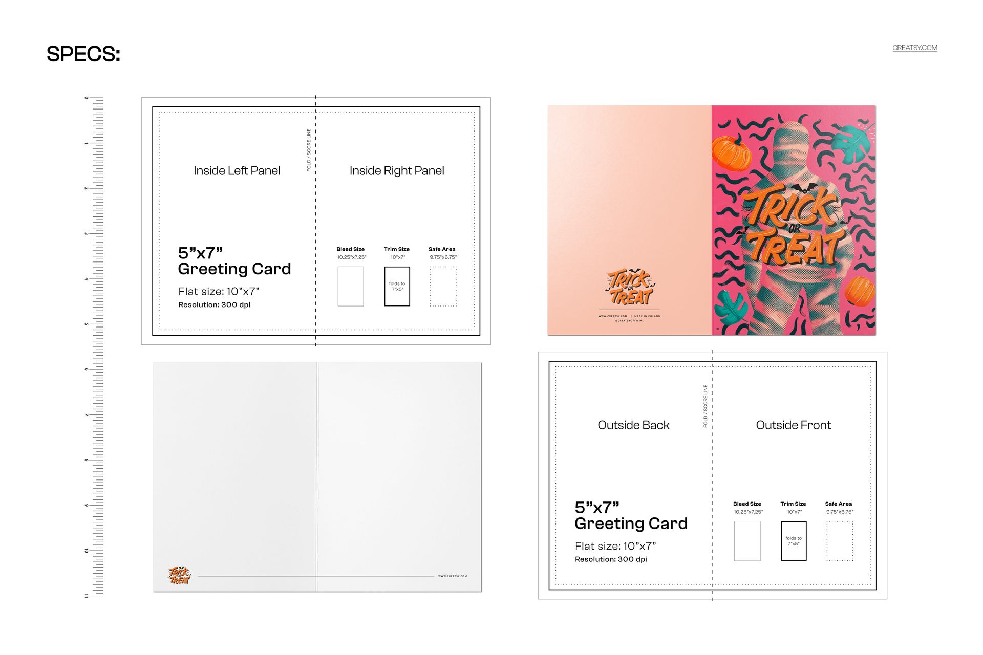 Front and back views of a 5x7 greeting card mockup with a pink Halloween mummy design and orange pumpkins.