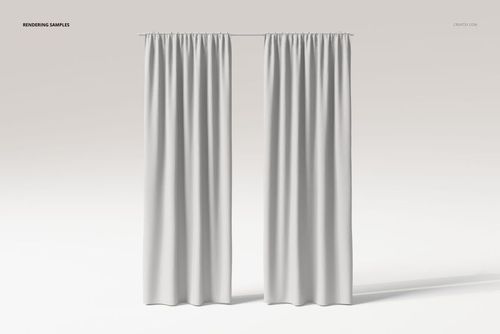 Front view of two white curtains with weighted hem hanging against a plain light background in a minimal scene.