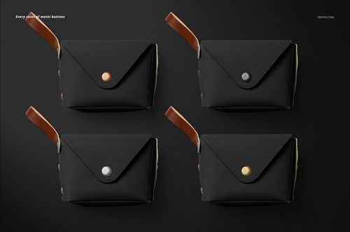 PSD mockup featuring four black leather pouch wallets, each with a brown strap and different colored metal buttons.