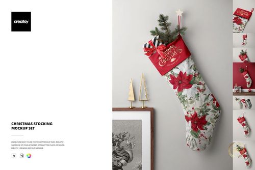 Front view of decorative Christmas stocking mockup featuring red accents, holiday prints, and small presents inside.