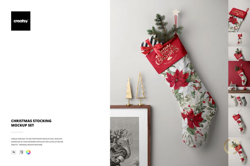 Front view of decorative Christmas stocking mockup featuring red accents, holiday prints, and small presents inside.