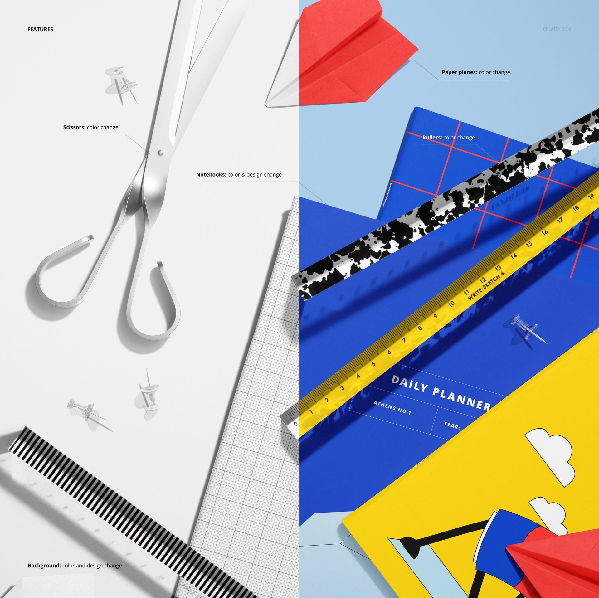 Colorful school notebooks, rulers, scissors, and push pins displayed from above in a stationery mockup layout.