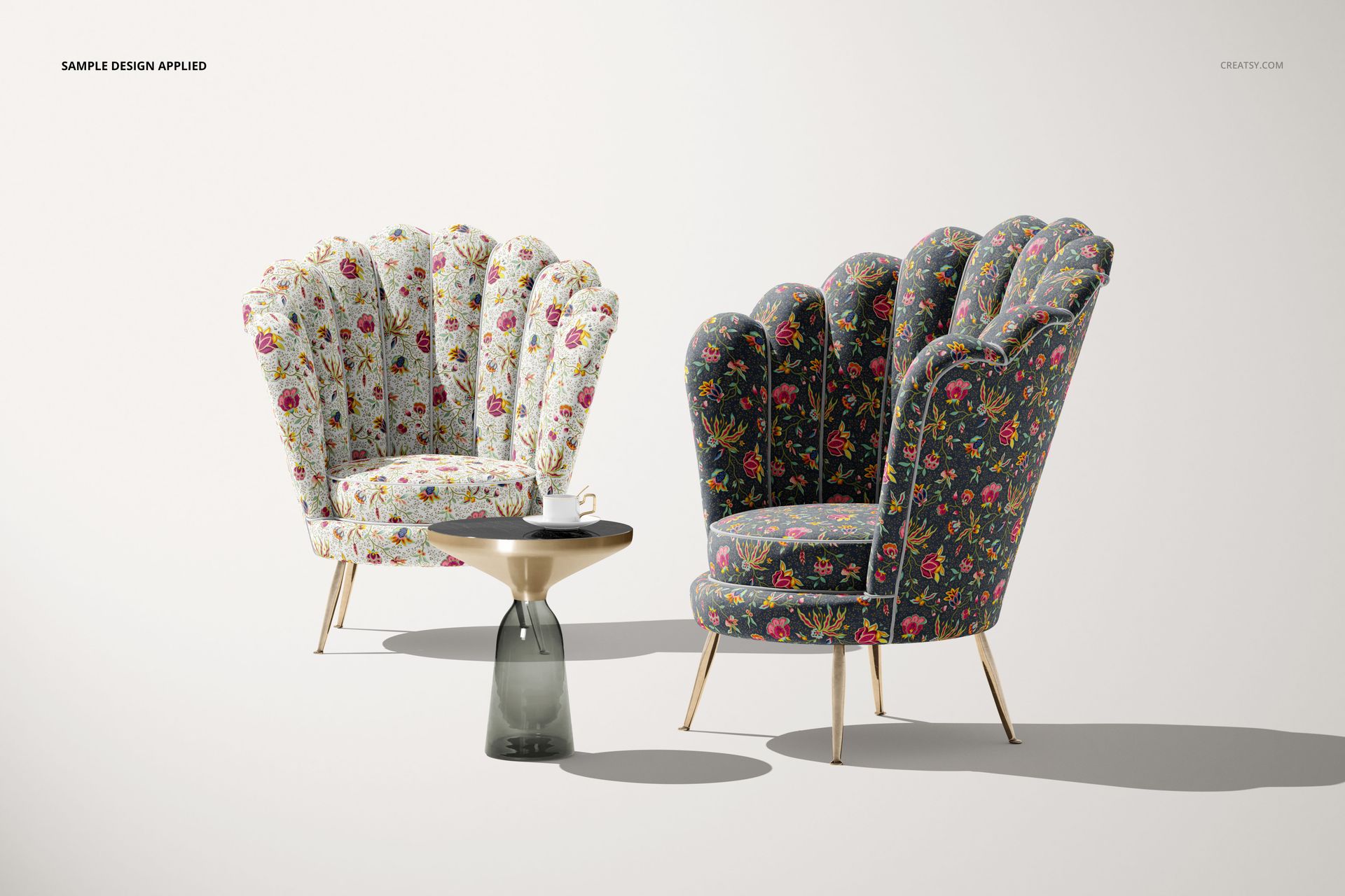 PSD mockup of velvet shell armchairs with colorful floral upholstery, arranged with a coffee table on a light background.