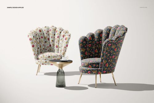 PSD mockup of velvet shell armchairs with colorful floral upholstery, arranged with a coffee table on a light background.