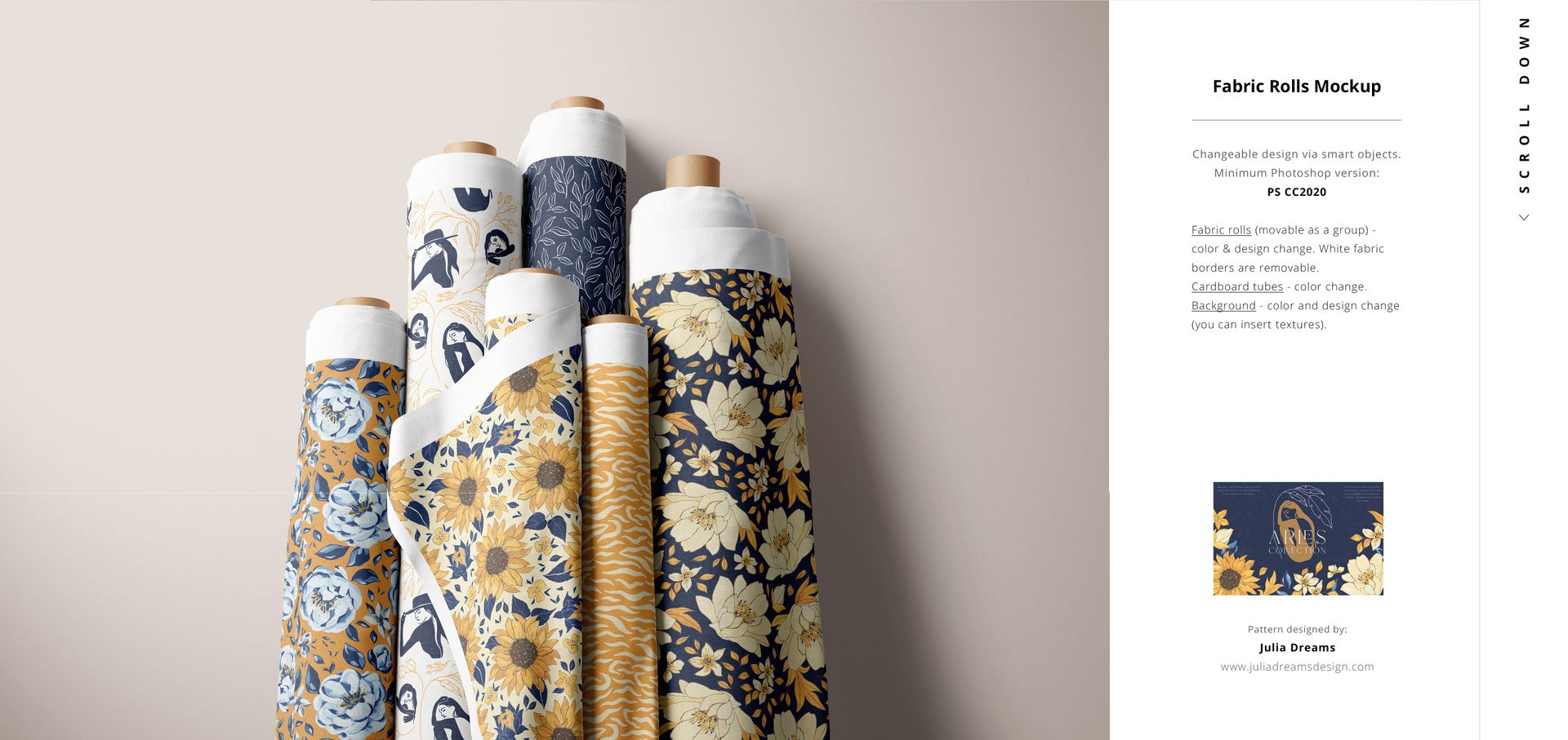 PSD mockup displaying a group of patterned fabric rolls, showcasing floral and abstract prints in blue, yellow, and white colors.