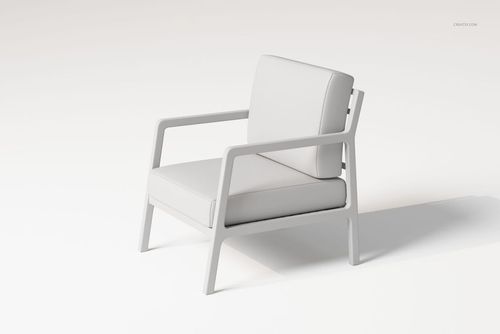 Modern lounge chair with white cushions and sleek frame, shown in a three-quarter front view on a light background.