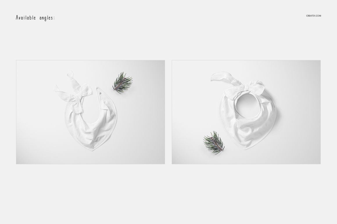 Baby bandana bib mockup set showing two white bibs from different angles on a light surface with pine sprigs.