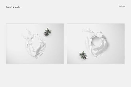 Baby bandana bib mockup set showing two white bibs from different angles on a light surface with pine sprigs.