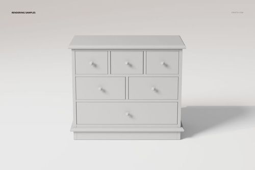 Front view of a decorative chest of drawers with six compartments, rendered in solid white color on a plain background.