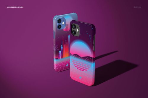 Two iPhone 12 devices with glossy snap cases featuring a neon cityscape and sunset design, shown on a purple background.