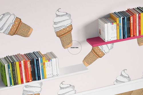 Kids room mockup featuring pink walls with ice cream cone drawings, two shelves with assorted books, and a playful vibe.