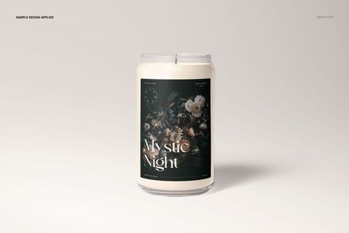 Single glass candle mockup featuring a cylindrical shape, white wax, and a dark floral design label on a plain surface.