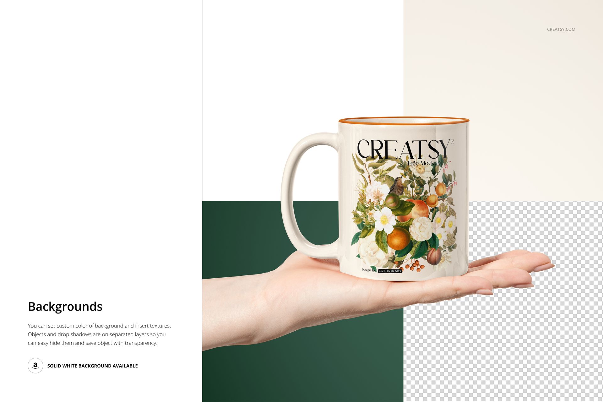 Front view of a sublimation coffee mug mockup with botanical artwork, held in a hand on a color-block background.