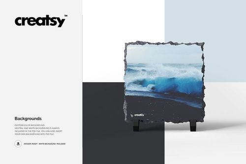 Rectangular rock slate mockup featuring a blue ocean wave print, shown upright on a black stand with neutral backgrounds.