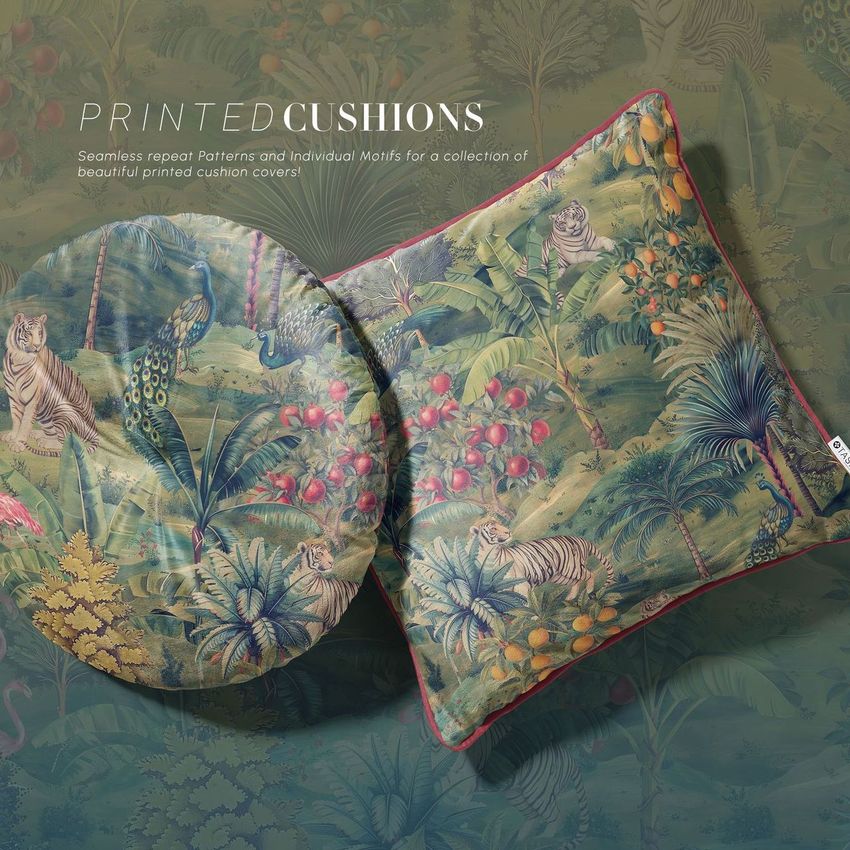 Mockup of round and square velvet cushions with piping, decorated with colorful tropical plants and animals, set against a matching backdrop.