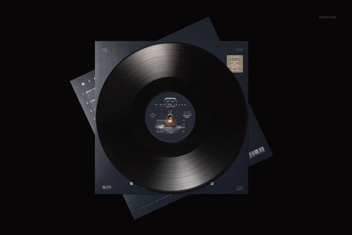 PSD mockup featuring a black vinyl record placed on a square album cover, both set against a plain black backdrop.