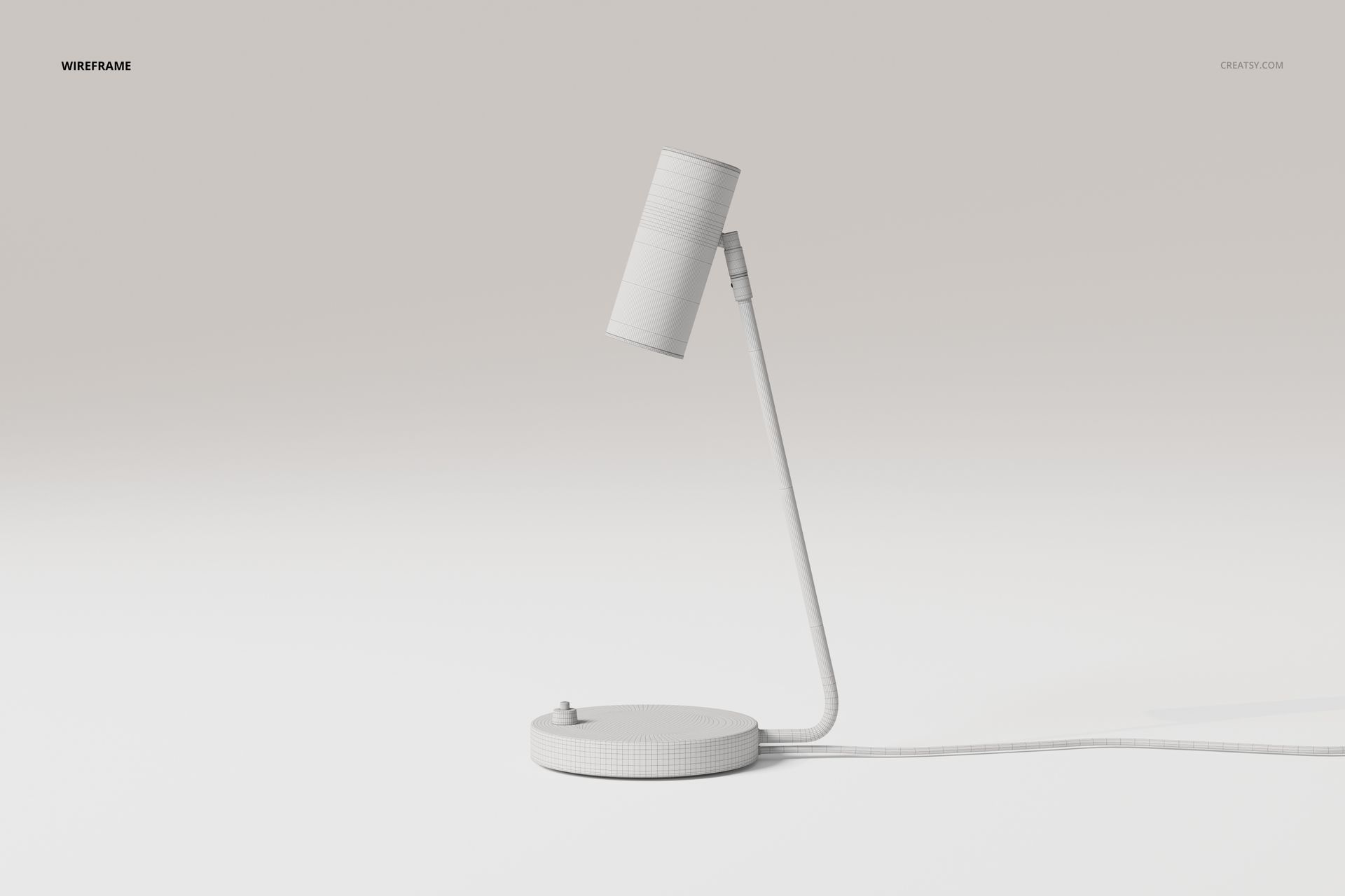 Modern industrial desk lamp in white wireframe style, shown from a side angle on a neutral background.