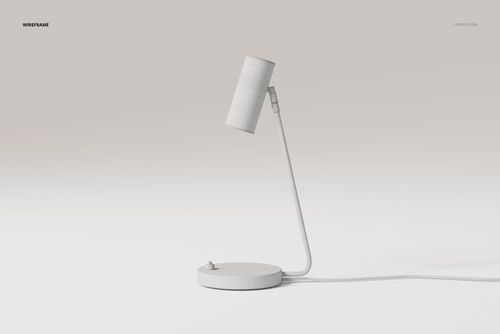 Modern industrial desk lamp in white wireframe style, shown from a side angle on a neutral background.