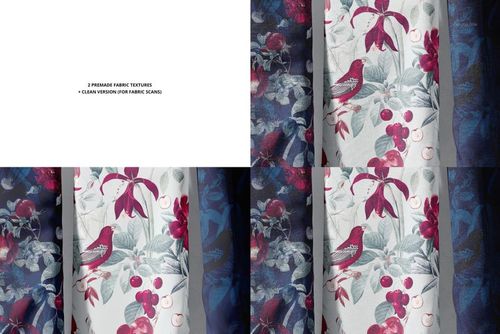 Fabric rolls mockup featuring botanical and bird designs in vibrant red, blue, and gray tones, arranged side by side.