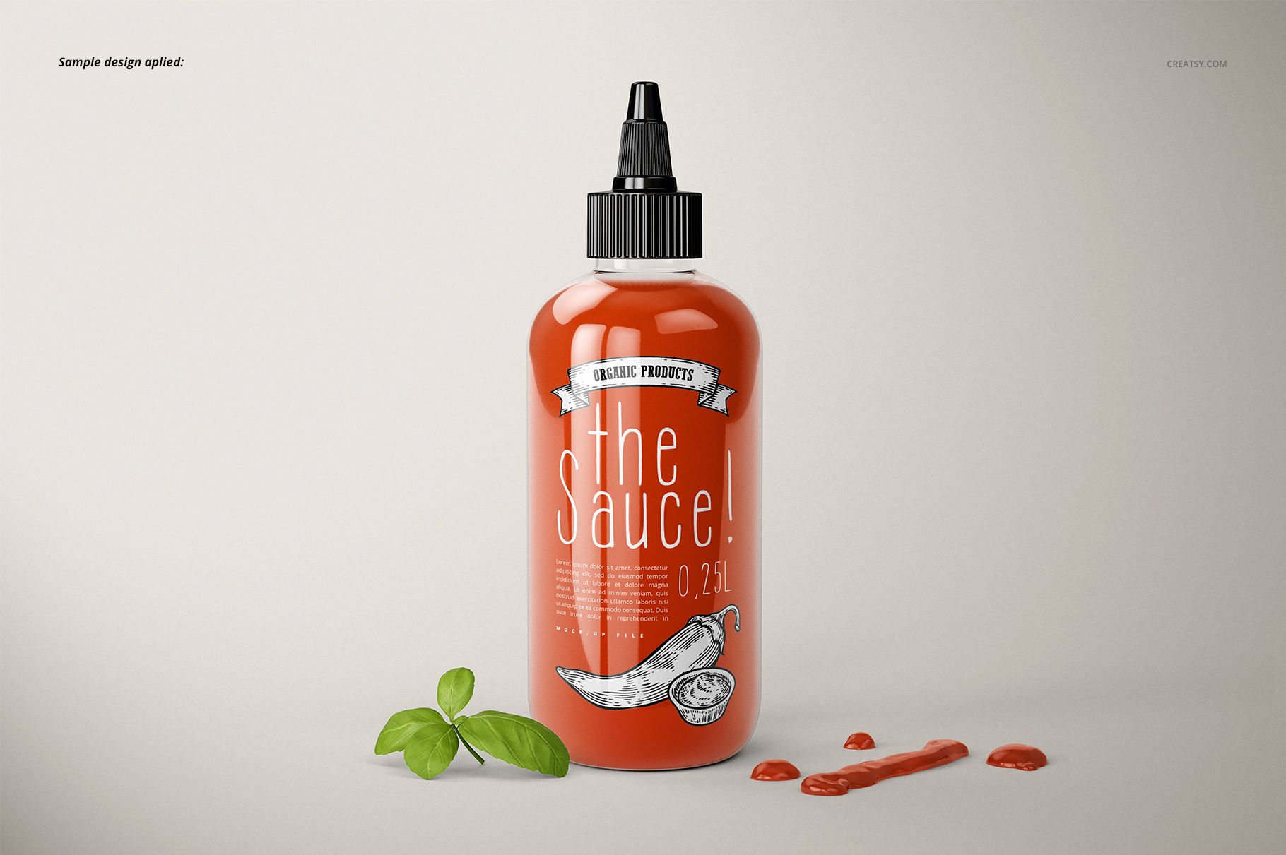 Sauce bottle mockup featuring a red bottle with black nozzle, white label, basil garnish, and spilled sauce.