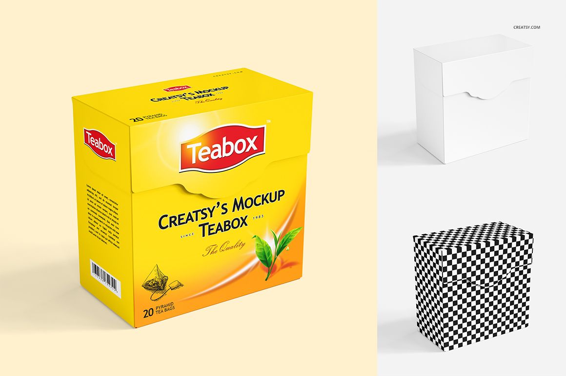 Three tea box mockup designs displayed side by side, featuring yellow, white, and black checkered packaging on a light background.