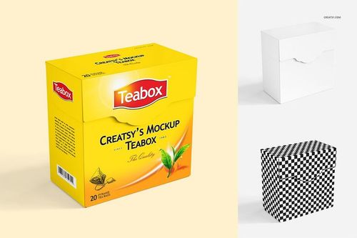Three tea box mockup designs displayed side by side, featuring yellow, white, and black checkered packaging on a light background.