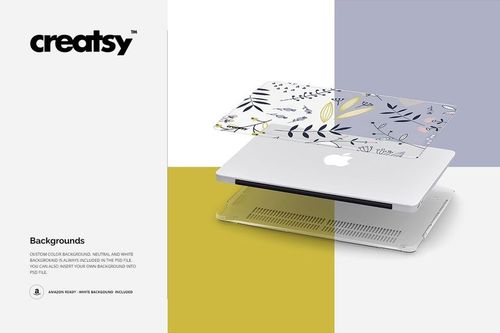 MacBook clear case mockup showing a transparent cover with floral pattern above a silver laptop, viewed from an angle.