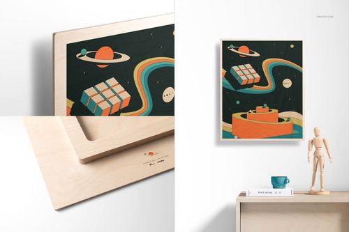 Mockup of square plywood wall art featuring vibrant retro shapes and planets, displayed above a shelf with props.