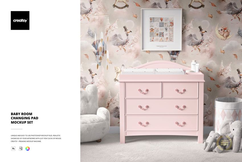 PSD mockup of a nursery with a pink changing pad, illustrated wallpaper, and decorative storage basket beside the dresser.