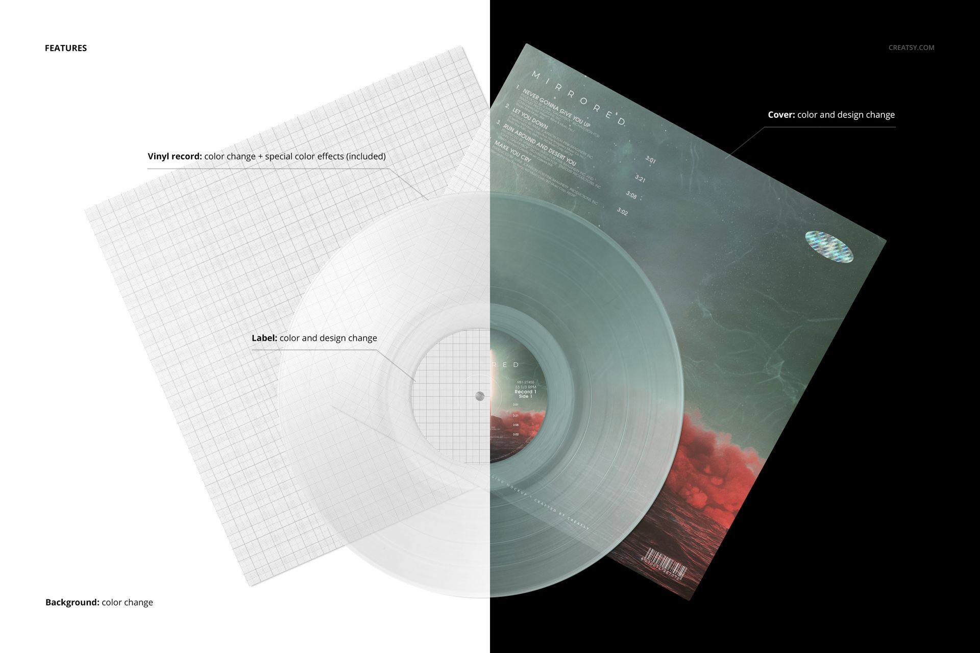 PSD mockup featuring a clear vinyl record and two album covers, arranged on a divided light and dark background.