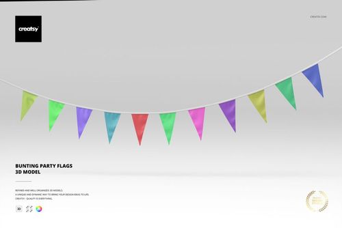 String of triangular bunting party flags in green, yellow, blue, purple, and red, hanging in a curved line against a plain light background.