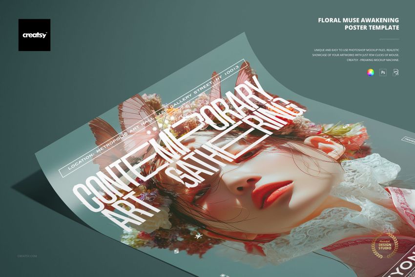 Curved poster mockup displaying a close-up portrait of a woman adorned with flowers and feathers, with artistic text overlay.