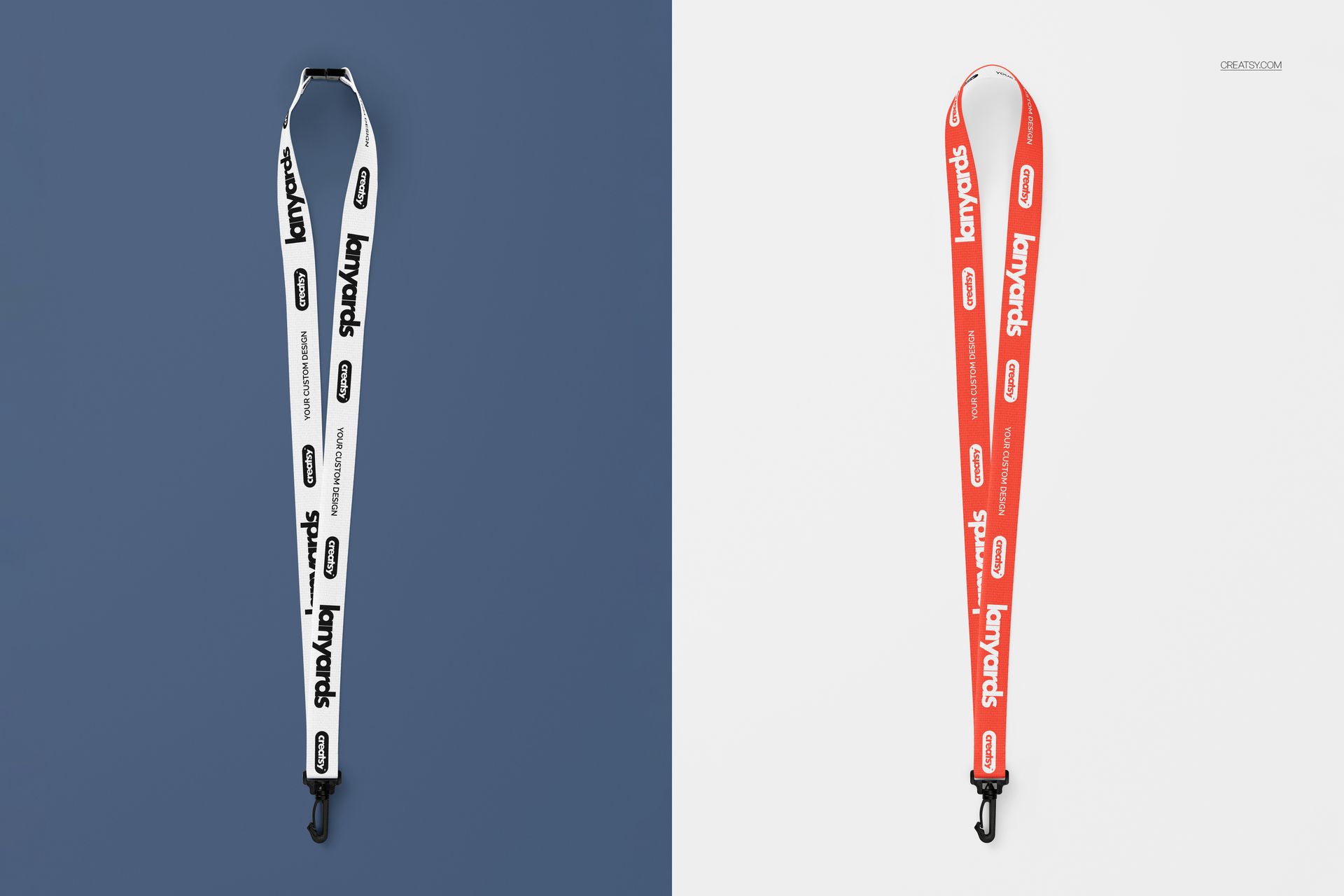 Mockup of polyester lanyards in white and red, arranged vertically with black clips, photographed from above.