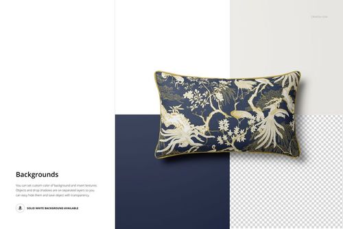 Reversible cushion mockup displayed on a split background, with intricate cream and navy floral and bird design.