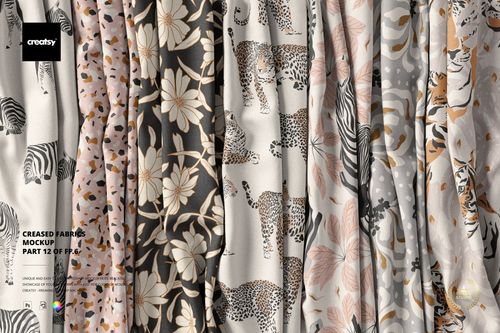 PSD mockup showing draped fabric samples with various nature-inspired prints and muted color palettes.