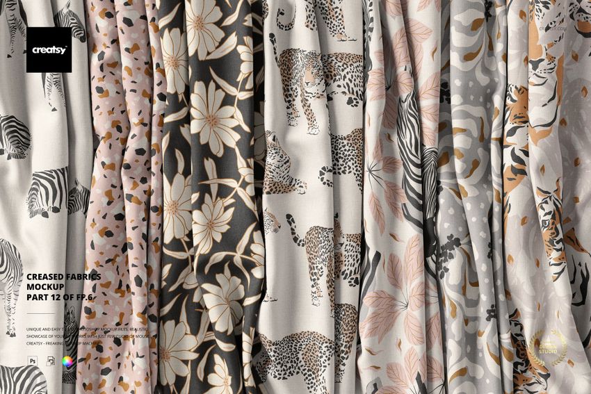 PSD mockup showing draped fabric samples with various nature-inspired prints and muted color palettes.
