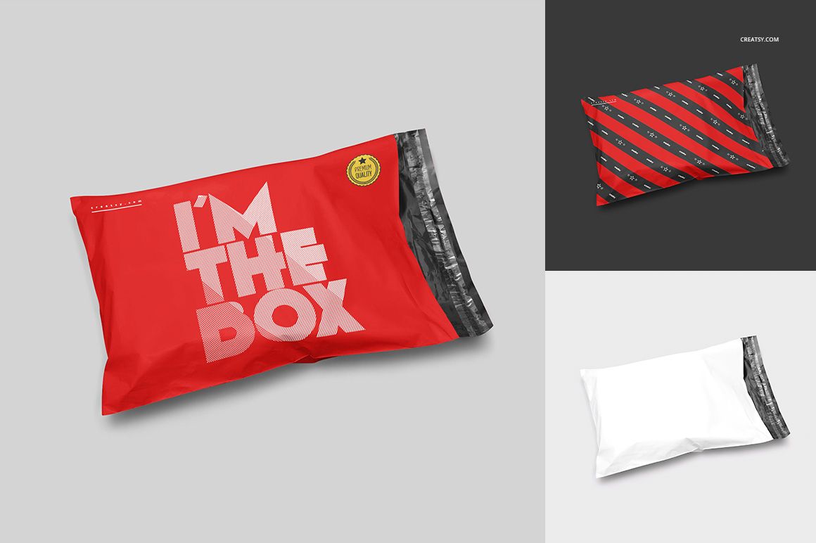 Mailing bag mockup set showing three bags in different designs and colors, displayed from a top angle on neutral backgrounds.