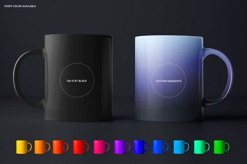 PSD mockup showing two mugs, one in flat black and one with a custom gradient, plus a row of vibrant mug color choices.