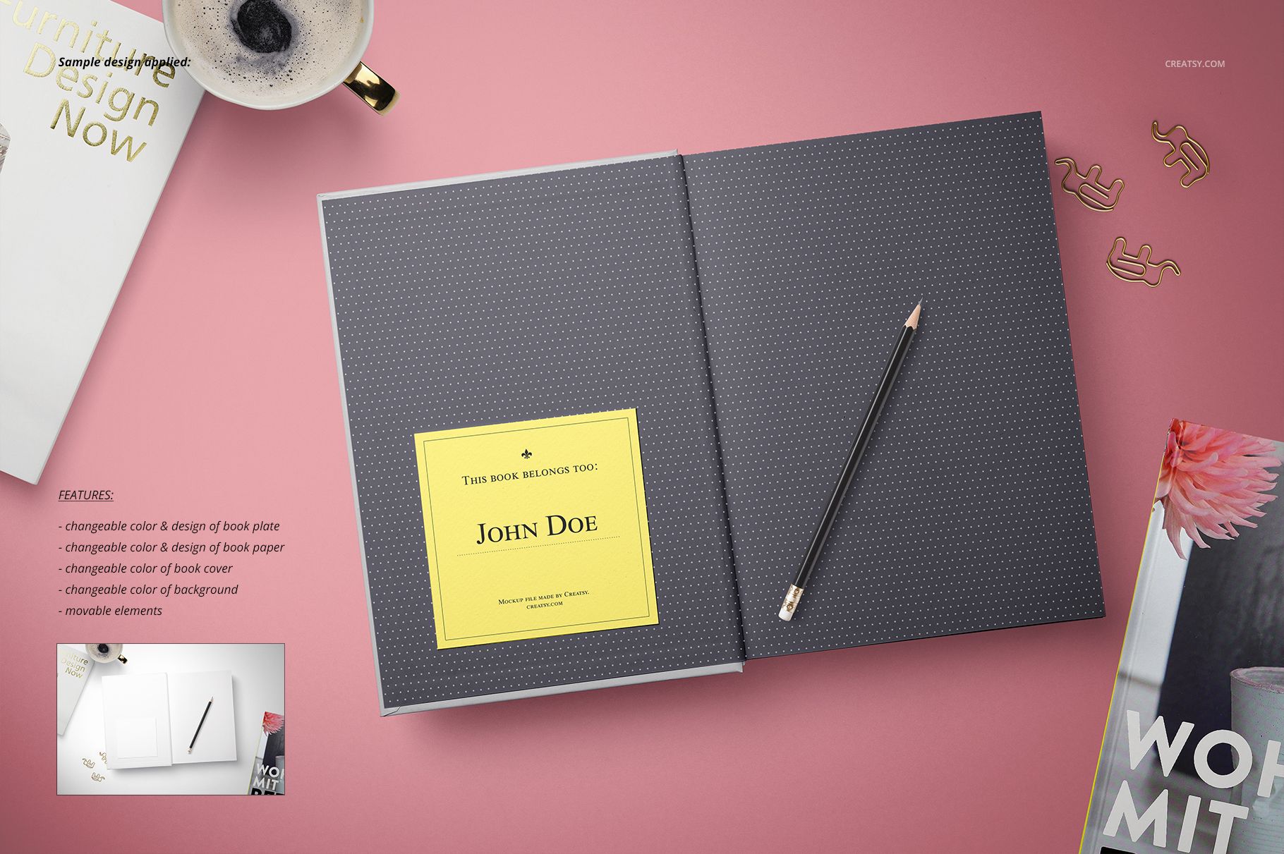 Bookplate mockup showing an open book with a yellow label and pencil, placed on a pink desk with scattered props.
