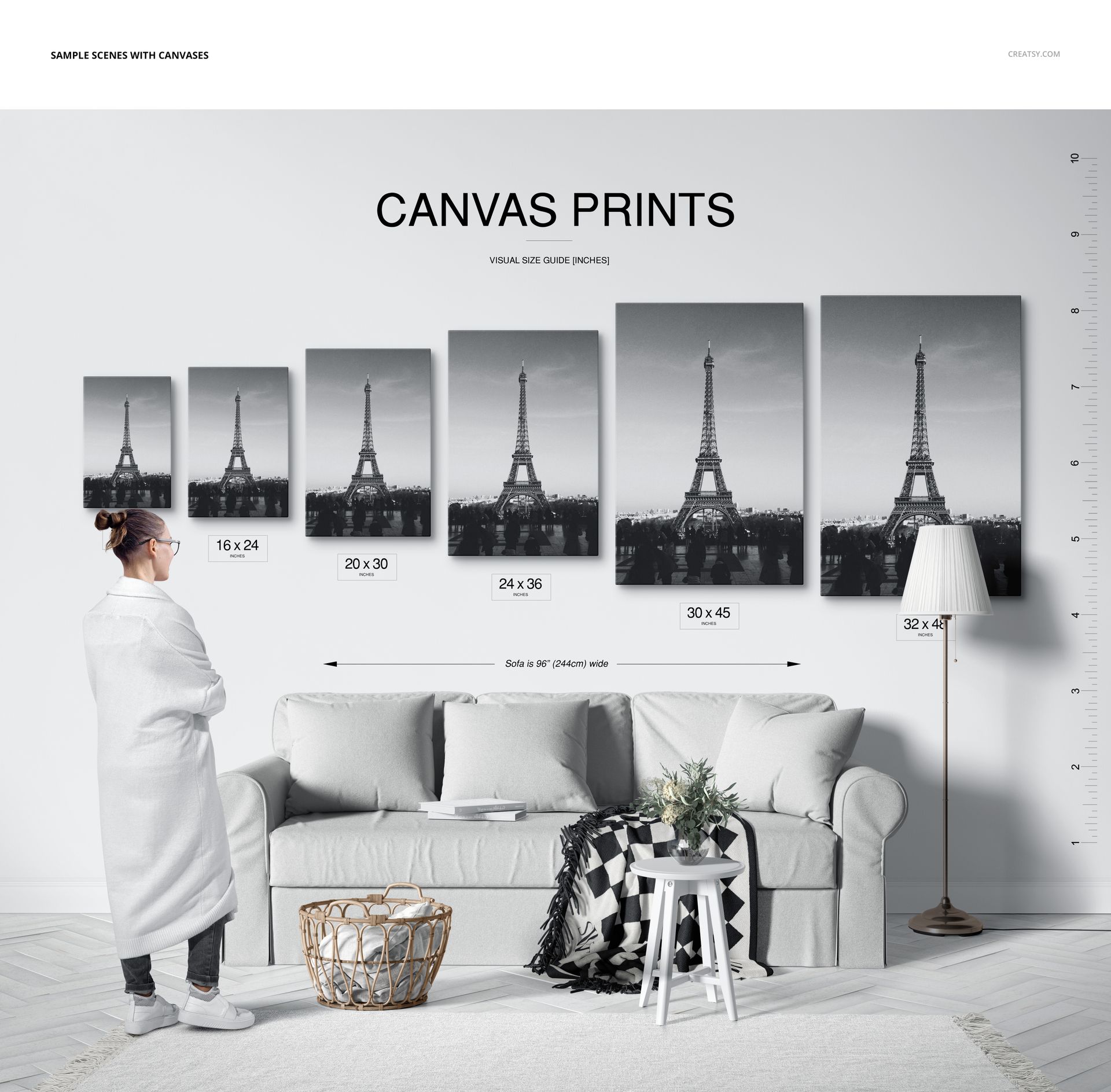 Canvas print size comparison mockup showing five Eiffel Tower artworks above a sofa with a person for scale.