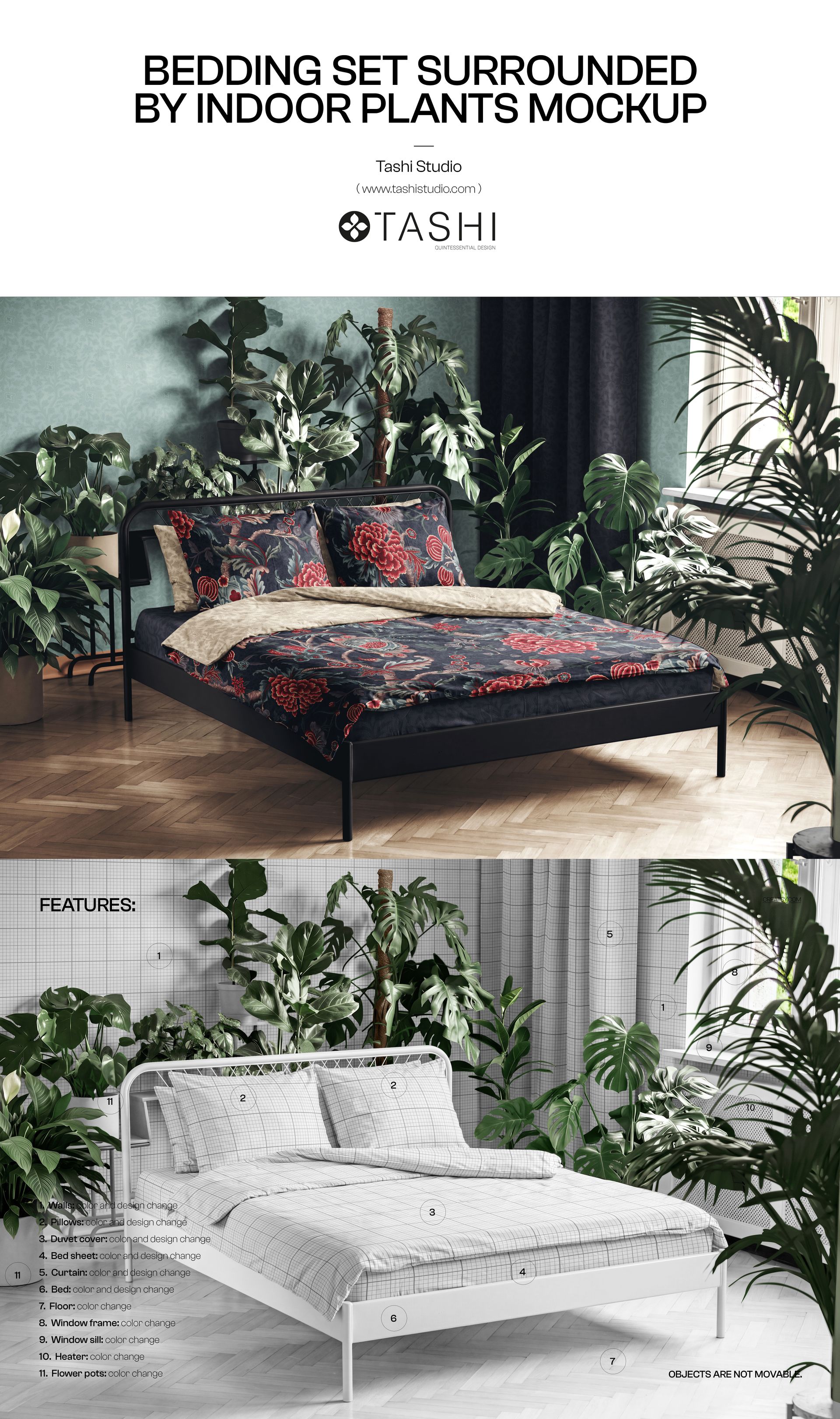 PSD mockup featuring a bedding set on a modern bed, flanked by tall leafy plants and textured wallpaper.
