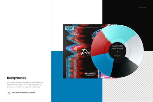 Front view of a multi-color segmented vinyl record and album cover mockup with glitch art design and transparent background.
