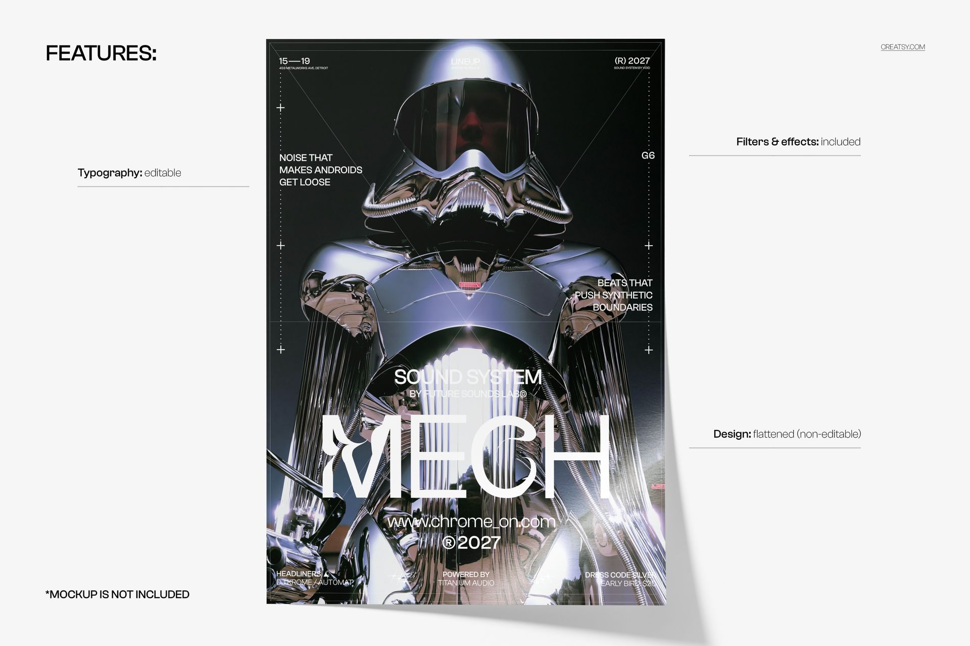PSD mockup of a poster showing a shiny chrome android in the center, surrounded by white text and metallic effects.