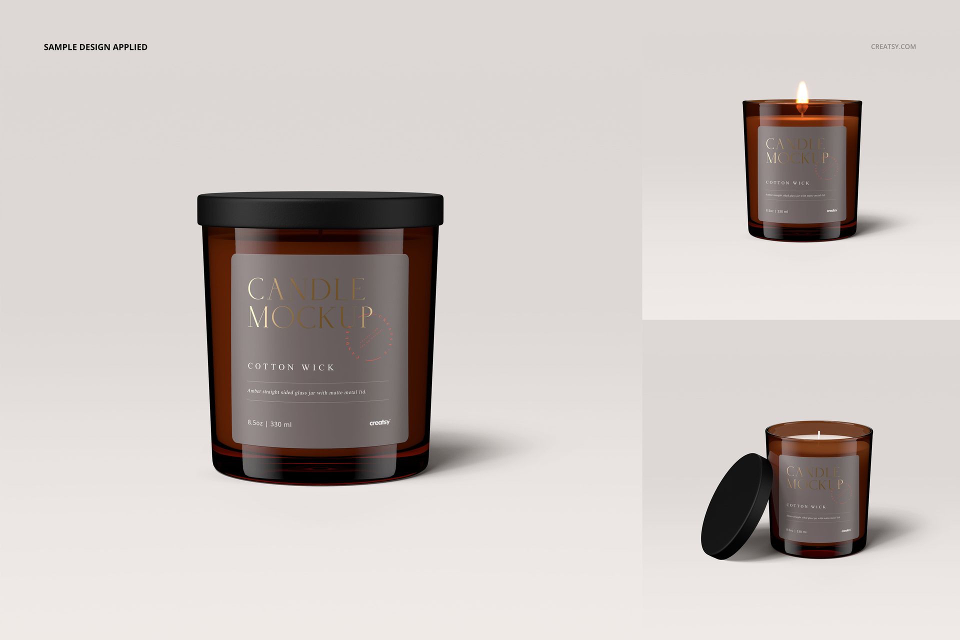 Mockup of an 8.5oz amber glass jar candle with matte lid, cotton wick, and simple label, displayed in three angles.