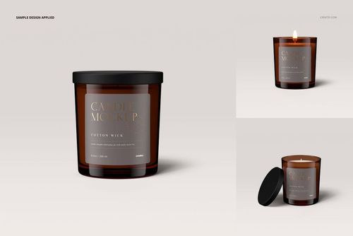 Mockup of an 8.5oz amber glass jar candle with matte lid, cotton wick, and simple label, displayed in three angles.