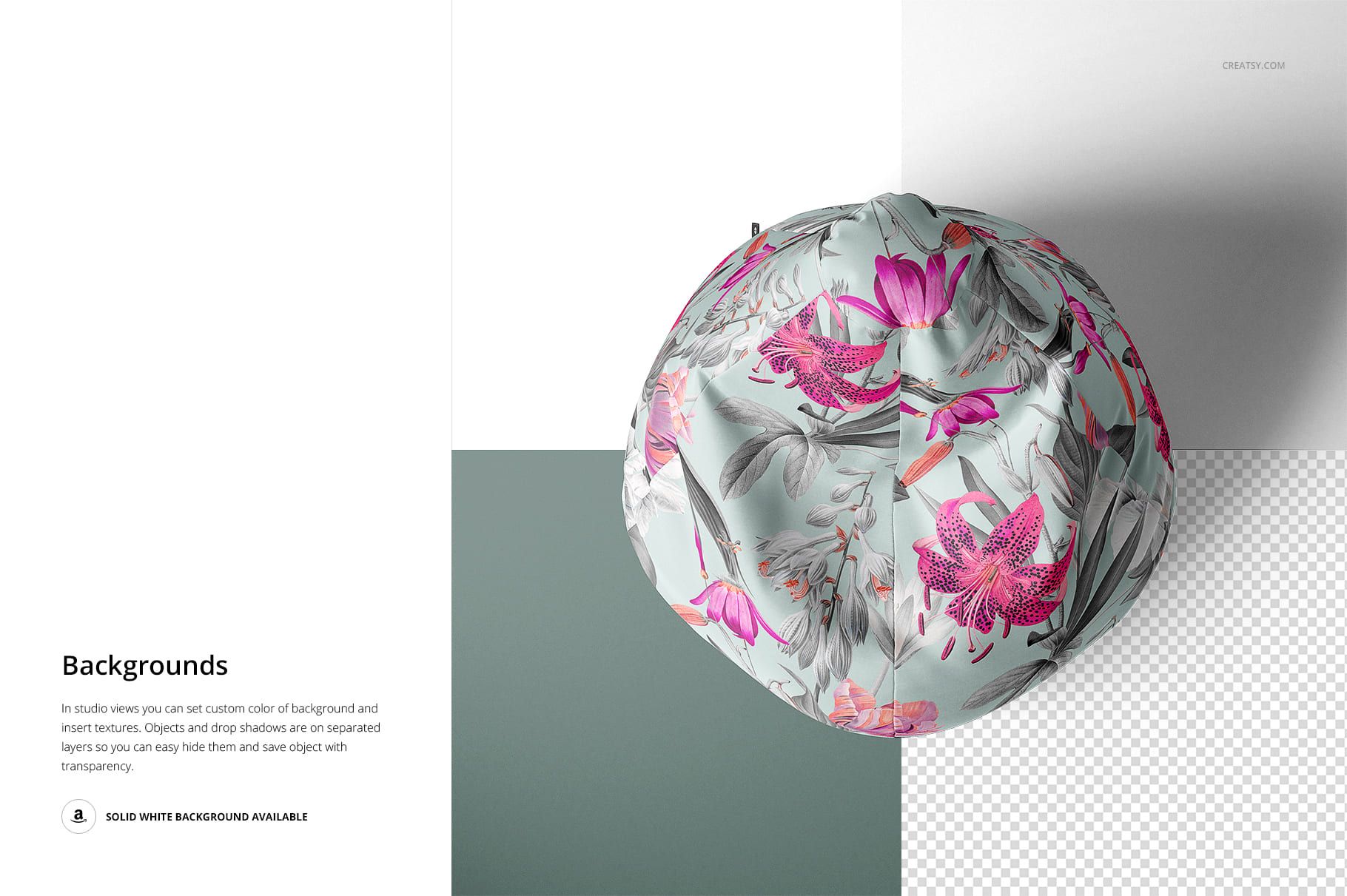 PSD mockup of a round bean bag chair featuring vibrant pink and purple flowers, shown from above on a split background.