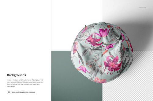 PSD mockup of a round bean bag chair featuring vibrant pink and purple flowers, shown from above on a split background.