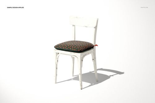 Single white wooden chair with a dark cushion featuring an orange pattern, shown in a PSD mockup on a neutral backdrop.